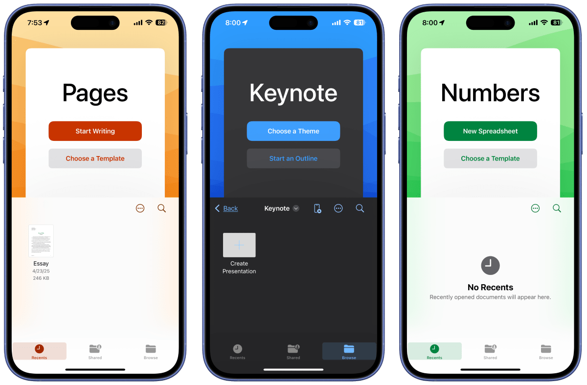 iWork launch screens