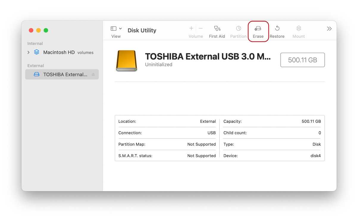 Disk Utility Erase button