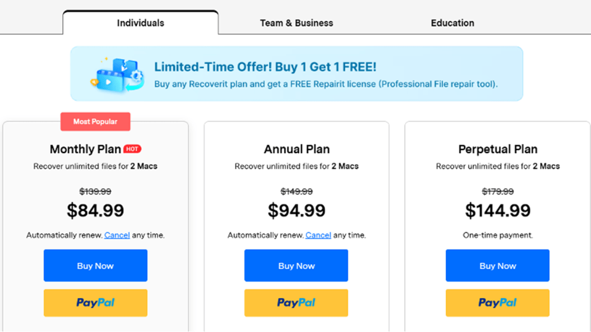 Wondershare Recoverit Pricing