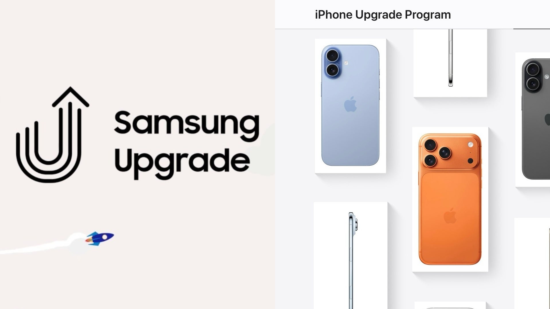 Composite of the logos for each upgrade program, Apple and Samsung
