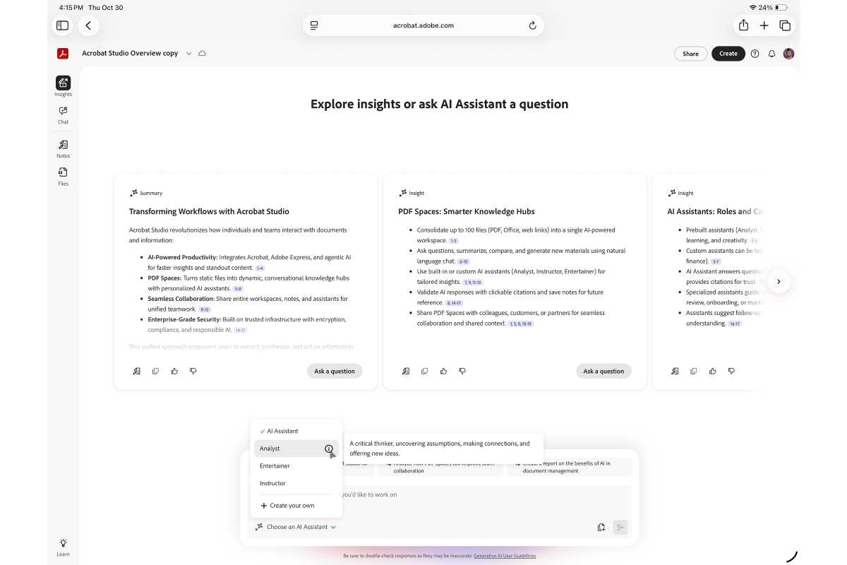 Adobe AI assistant options and insights in PDF Space