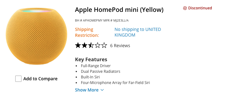 HomePod mini in yellow listed as Discontinued on B&H