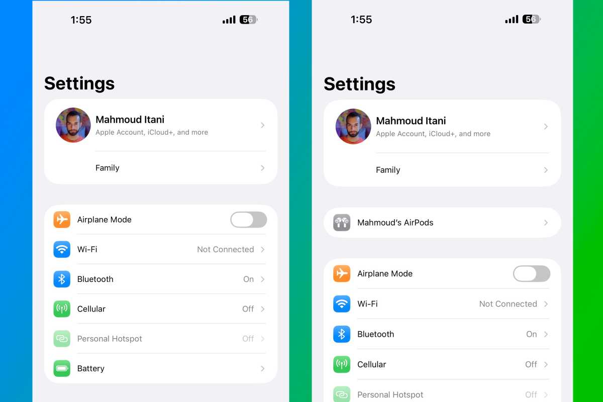 AirPods settings panel on iphone