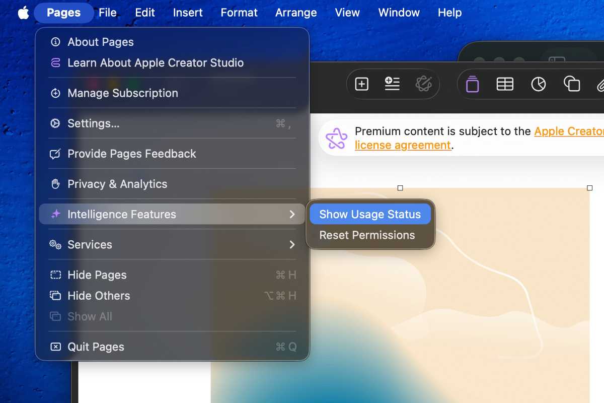 Apple Creator Studio menu showing AI limits