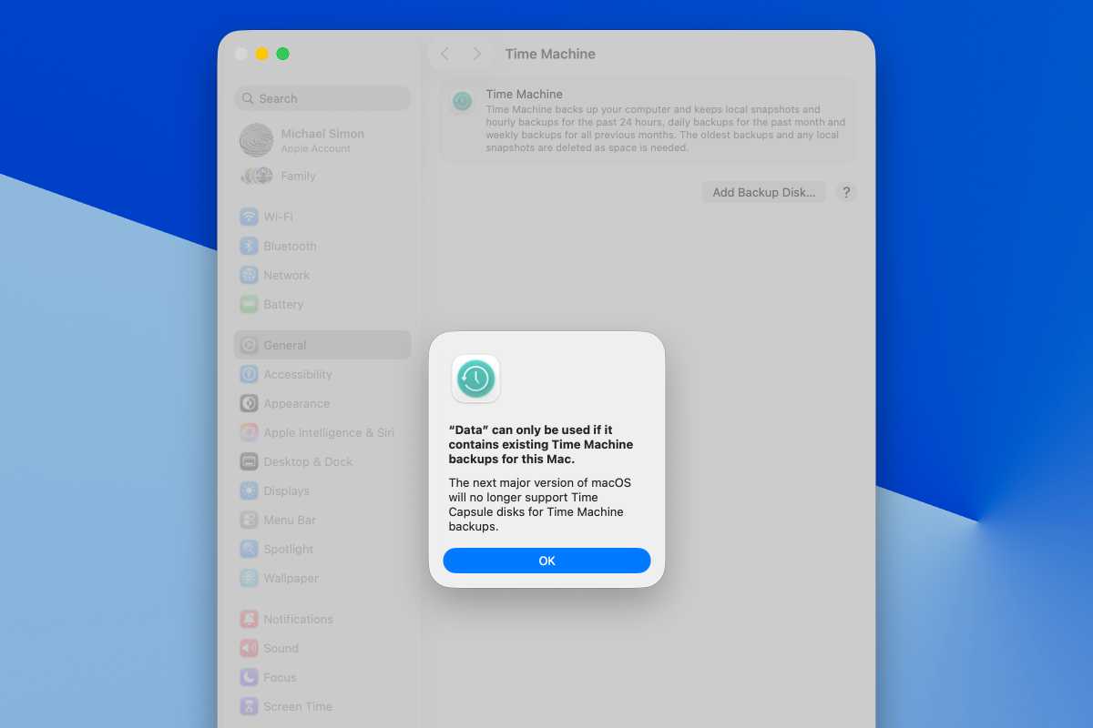 time machine settings showing an error message for time capsule