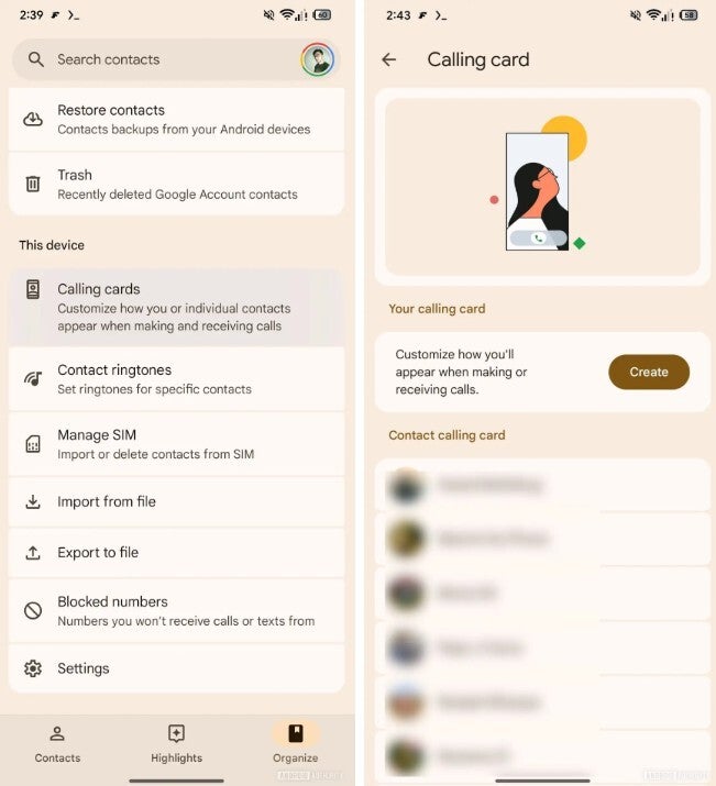 Screenshots show Calling Cards shortcut for Google Contacts app.