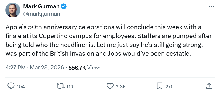 Tweet from Mark Gurman hinting that Paul McCartney will perform for Apple employees. | Image by X - A member of the rock band that made Apple what it is today will play for employees this week