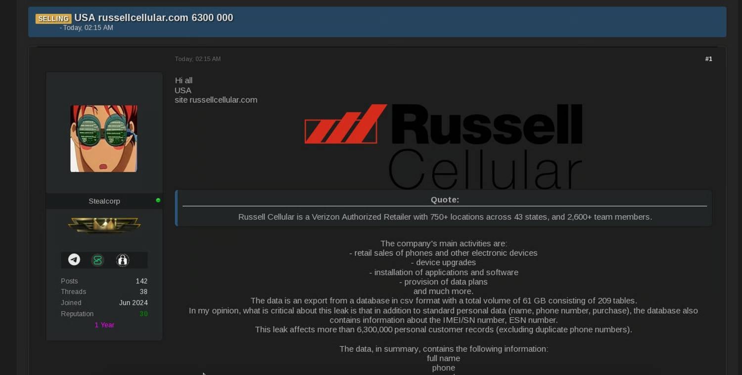 verizon authorized retailer Russell Cellular hacked