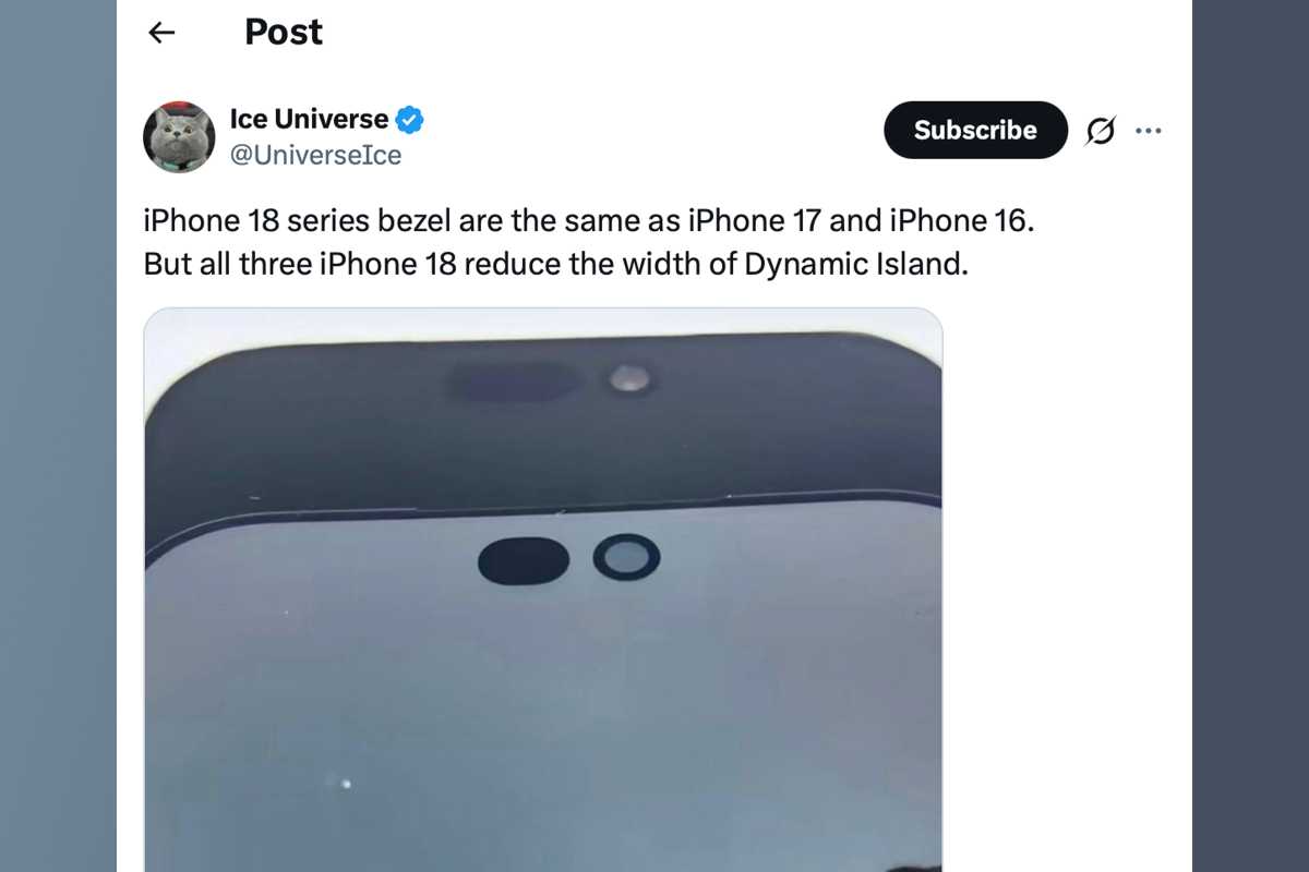Ice Universe post showing iphone 18 pro Dynamic Island