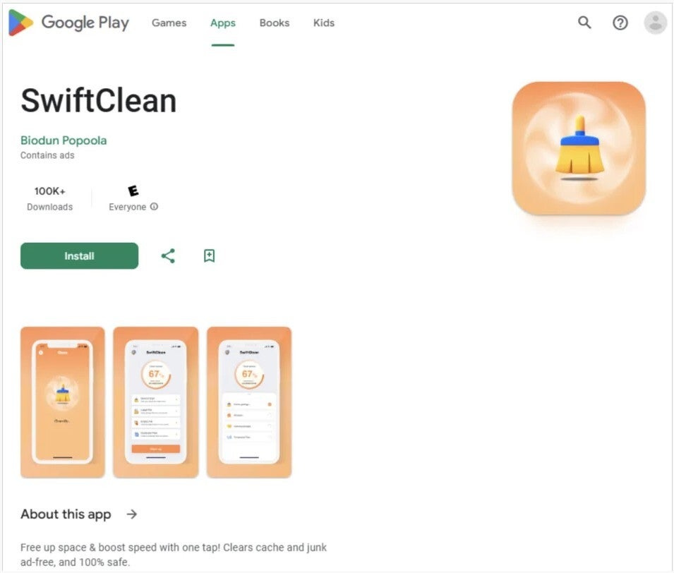 Google Play Store listing of an app infected with NoVoice. | Image by Bleeping Computer - Dangerous