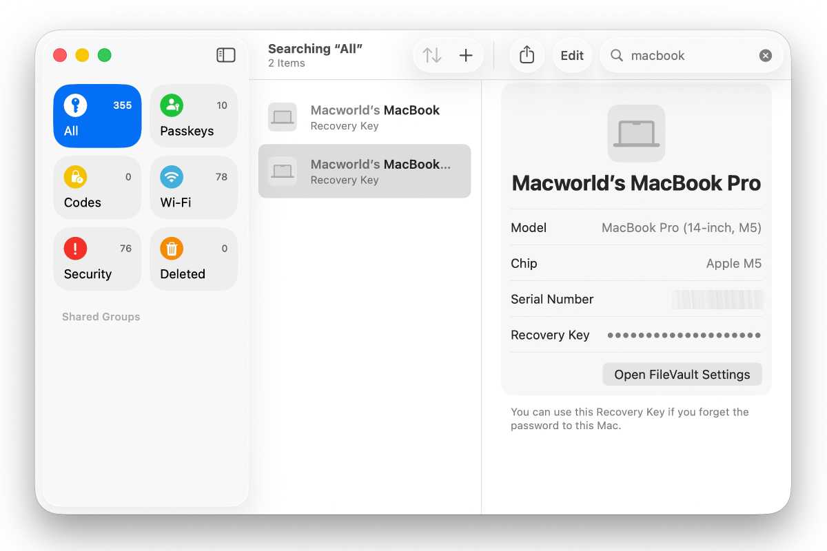 FileVault recovery key Passwords app