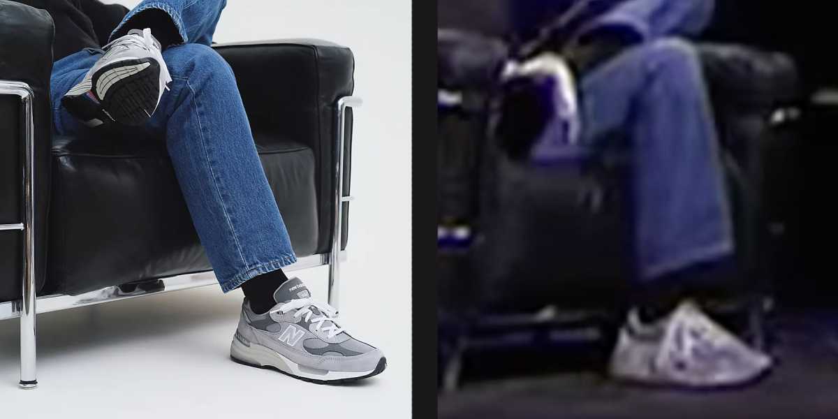 Image from New Balance website of 992 show in gray next to Steve Jobs wearing them in the same pose